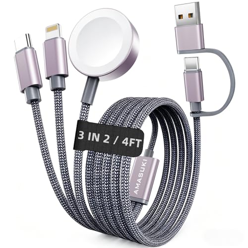 2026 Travel Essentials for Apple Watch Charger,Cruise Vacation Camping Essentials,iPhone Charger,Multi Charging Cable,3 in 2 Charging Docks for iWatch Series 11-2/Ultra,iPhone 17-12,Car - color: Grey, size: 1pack-4ft