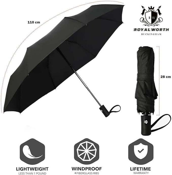 Windproof Travel Umbrella - Compact, Light, Full Automatic Open/Close - Folding Backpack Umbrella for Rain & Sun UV Preotection For Men & Women, Unbreakable 8 Fiberglass Ribs UK Design - color: Black