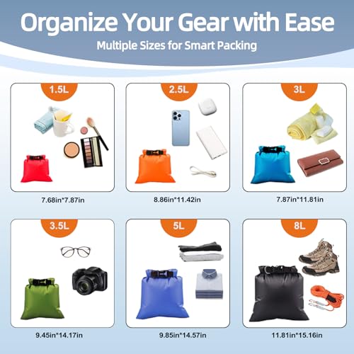 6PCS Dry Bags Waterproof, Roll Top Dry Sack Set for Kayaking | Roll-Top Waterproof Bags for Kayaking, Beach, Boating, Swimming, Camping, Hiking, Backpacking, and Travel