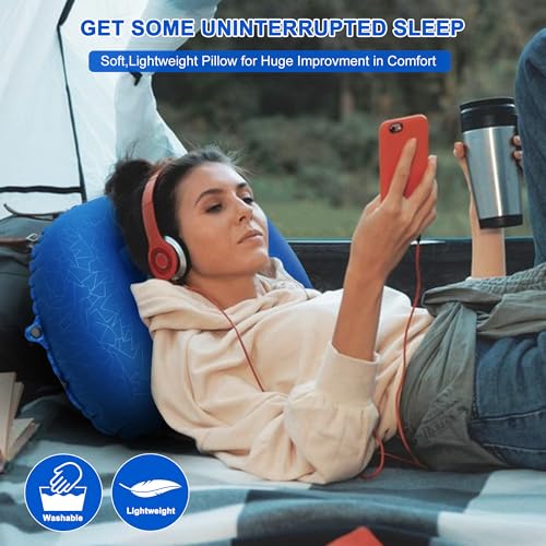Inflatable Camping Pillow, Travel Blow Up Air Pillow, Neck Lumbar Support Ultralight Compact Pillow for Outdoor Hiking Backpacking Car Beach Airplane Sleeping Essentials, Navy Blue - color: Navy Blue