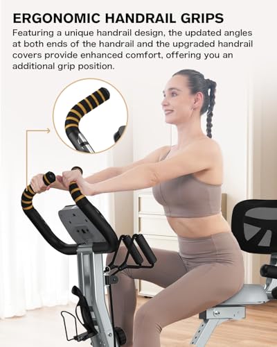 pooboo Folding Magnetic X‑Bike, Upright Exercise Bike for Home Gym | Foldable Indoor Stationary Cycling Bike, 8‑Level Resistance, 6.6 LBS Flywheel, 300 LB Capacity, Back Support Cushion - color: Grey