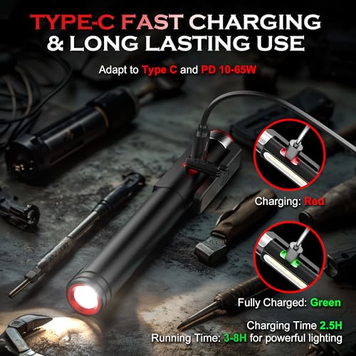 Favourlite Rechargeable Pen Light with Magnetic Clip | 800 Lumens LED Pen Flashlight，6 Modes COB Work Light , Dimmable Pocket Flashlight for Mechanic & Car Repair - size: 5.39in