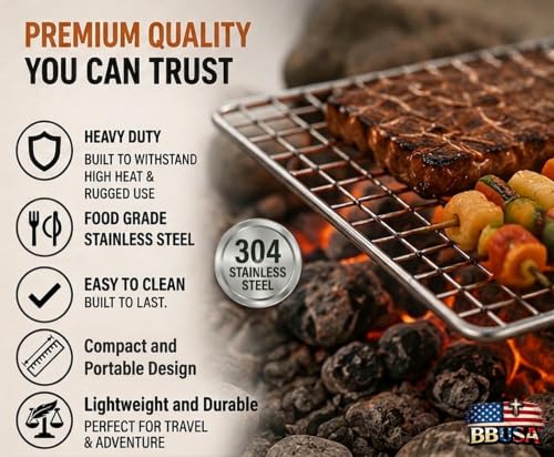 Portable Bushcraft Stainless BBQ Cooking Grill Grates & Burlap Hemp Drawstring Bag. Camping, Campfires, Backpacking, Hunting & Fishing. (Small Grill + Large Grill + Bag) - size: Small Grill + Large Grill + Bag