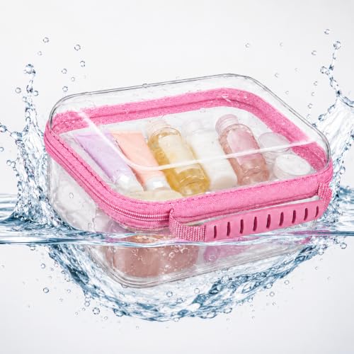 3 Pack Deep Clear Hard Shell Zipper Cases with Handle (Pink) | Travel Toiletry Bag, Waterproof 1.2mm PET Hard Plastic Pouches, Organizer Box for Makeup, Toy, Snack, Stationery, Diaper - color: Pink Handle(L+M+S)