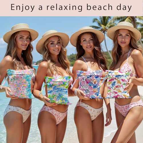 Wet Bag, 4Pcs Wet Dry Bag Set, Reusable Waterproof Bags with Beach & Tropical Ocean Prints for Women, Versatile for Beach, Travel & Daily Use - color: Beach & Tropical Ocean