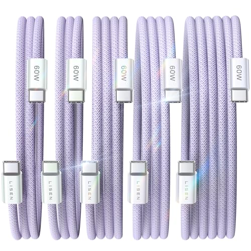 LISEN USB C Cable, 5-Pack [3.3/3.3/6.6/6.6/10FT] USBC to USBC Cable for iPhone 16e 15 Pro Max Charger Cord, 60W (3.1A) C to C Cable Fast Charging for Samsung S25/S24/23, Switch 2, iPad, MacBook,Purple - color: Purple, size: 3.3+3.3+6.6+6.6+10FT