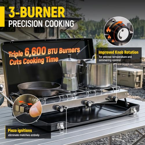FineFlame Camping Stove, Propane Portable Camp Stove, 19800BTU-3 Burners - color: Black-3 burner-19800BTU