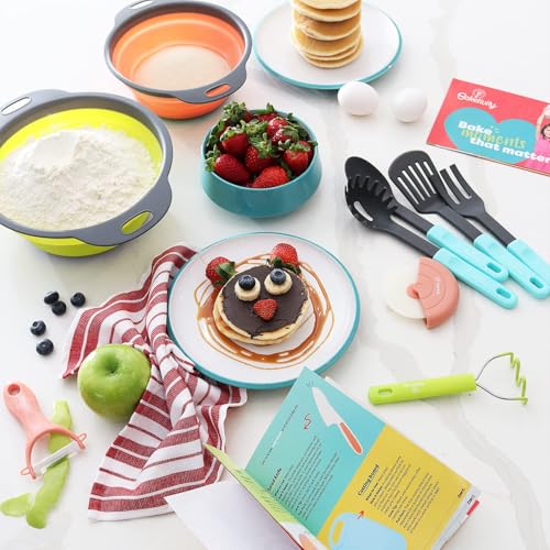 Baketivity Kids Cooking Set with Real Utensils & Kitchen Tool Guide | Includes Mixing Bowls, Cutting Board, Knife and Apron - A Complete Junior Cooking Set Gift For Girls Or Boys - color: Baketivity Kids Cooking Tool Set