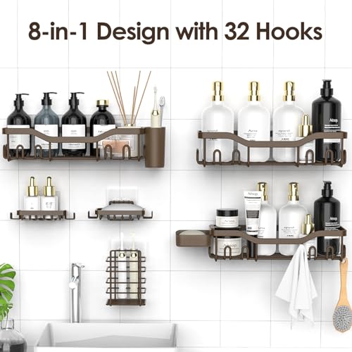NESOMI Shower Caddy Adhesive Shower Organizer 8-Pack, Rustproof Stainless Steel Bathroom Shelves, Large Capacity No-Drill Rack Storage Accessories with Soap Dish Toothbrush Holder Hooks - color: Brown, size: 8-Piece Set