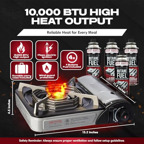 Chef Master Portable Butane Stove Combo for Camping - Stove + 4x 8oz Butane - 10,000 BTU Countertop Gas Burner w/Piezo Ignition - Good for Indoor & Outdoor Cooking w/Wind Guard & Carry Case - 90011 - style: Stove & Fuel Combo