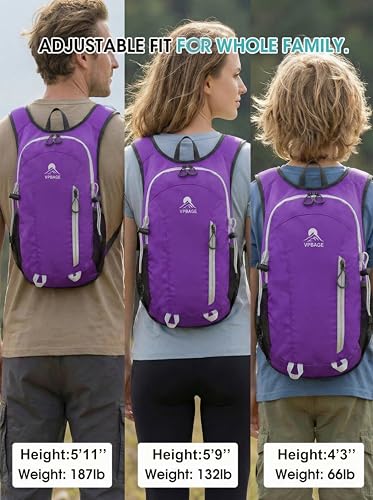 Foldable Small Hiking Backpack with 3 Strap Pockets – Lightweight 300D Spill-proof Daypack for Men Women – Packable Small Travel Backpack with Chest Strap & Trekking Pole Holder – Durable Outdoor Bag - color: Purple