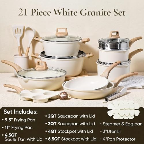CAROTE 21pcs Pots and Pans Set, Nonstick Cookware Sets, with Egg Pan - color: Cream White, size: 21 Piece