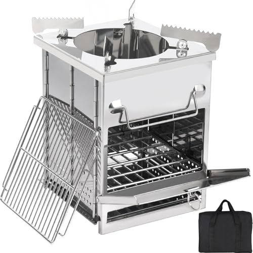 Large Portable Camping Wood Stove for Cooking, 304 Stainless Steel Folding Lightweight Wood Burning Stove with Grid and Pot Stand for Outdoor Camping Hiking Backpacking BBQ Picnic - size: Large with Grid and Pot Stand
