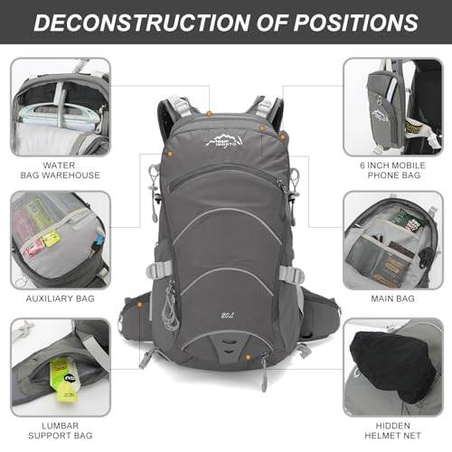 IX INOXTO 20L Hydration Backpack, Waterproof Hiking Internal Frame Backpacks with 2L Hydration Water Bladder and Rain Cover for Men, Lightweight Travel Daypack for Cycling,Camping,Ski (grey) - color: Grey