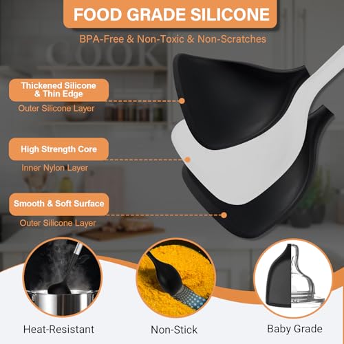 Large Silicone Cooking Utensils Set, 10Pcs Nonstick Kitchen Utensil Set with Stainless Steel Handle, BPA Free Spatula Set with Turners Spoon Ladle Skimmer(Black/Silver) - color: Black/Silver