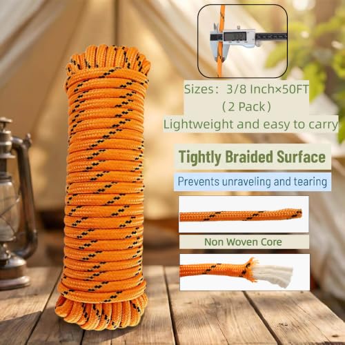 3/8 in × 100 ft Orange Diamond Braided Polypropylene Rope with Non-Woven Core, 32-Strand High Strength for Clothesline, Flagpole, Camping, Indoor & Outdoor Use (2 Pack, 50ft Each) - size: 3/8" x 100FT, style: Orange