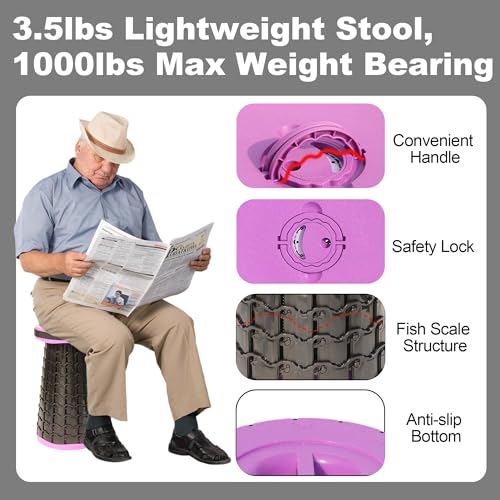 ALEVMOOM Upgraded 19.7" Portable Collapsible Folding Stool Retractable Telescoping Foldable Stool for Adults Heavy Duty Camping Sturdy with Max Load Capacity 1000lbs for Outdoor Fishing Hiking BBQ - color: Light Purple, size: XX-Large