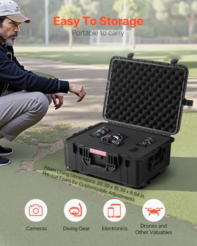VEVOR Weatherproof Hard Case, Heavy Duty Protective Dry Box with Pre-Cut Foam, Wheels & Retractable Pull Handles for Travel, Hunt, Military, Tactical, IP67 Waterproof Case for Cameras(57x45x28) | For Travel, Hunt, Cameras, With Rolling Wheels & Retractabl