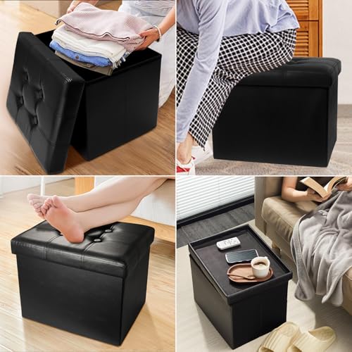 AmasSmile Ottoman with Storage,17" Folding Leather Foot Rest Chest,Black - color: Black, size: 17"*13"*13"inch