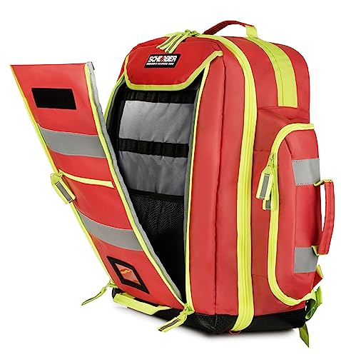 Scherber Fully-Stocked Premium First Responder Backpack | EMT/EMS Medic Trauma & Oxygen Medical Professional Kit | Bag w/ 4 Color-Coded Removable Pouches, O2 Storage, & 250+ First Aid Supplies - Red - color: Red