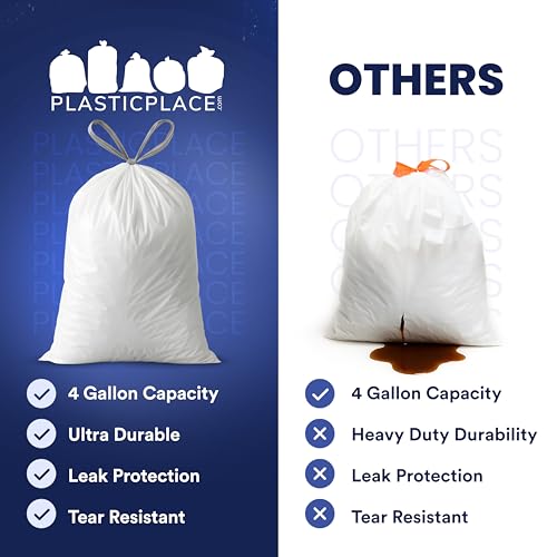 Plasticplace 4 Gallon White Drawstring Trash Bags, 200 Count (Pack of 1) – 0.7 Mil Leak-Proof Garbage Liners for Small Trash Can, Bathroom, Kitchen, Office, and Car Use - size: 200 Count (Pack of 1)