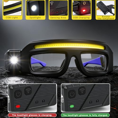 LED Rechargeable Headlight Glasses, Motion Sensor & Touch Control, 5 Modes, 350-500lm, USB-C Charging, IPX4 Waterproof, Hands-Free for Running Camping Fishing Cycling Hiking (Blue) - color: Blue