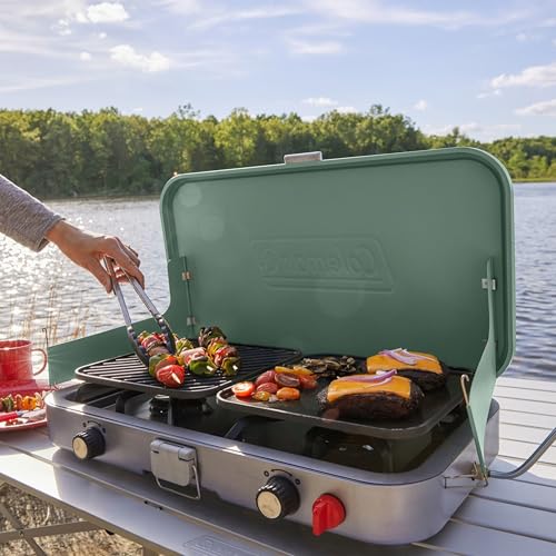 Coleman Cascade 3-in-1 Outdoor Camp Stove, Portable Cooktop with Included Cast-Iron Grill & Griddle Accessories, 24,000 BTUs of Power for Camping, Tailgating, Grilling - size: 2-burner w/ accessories