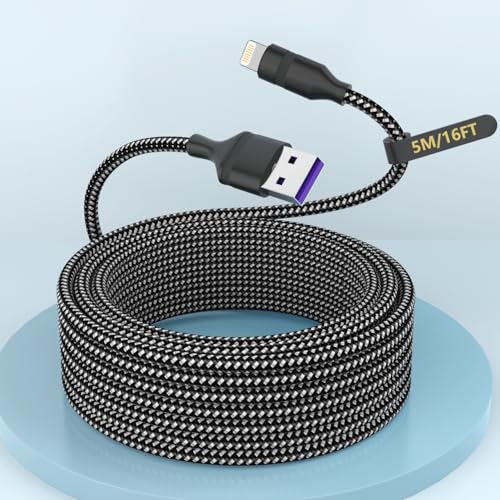 16FT Extra Long USB A to Lightning Charger Cable for iPhone,Apple MFi Certified Charger Cord, 5M Fast Charging Nylon Braided Charge Cord for iPhone 14 Pro Max/14/13Pro/12/11/X/XS/XR/8/7/6/iPad-Black - color: Black