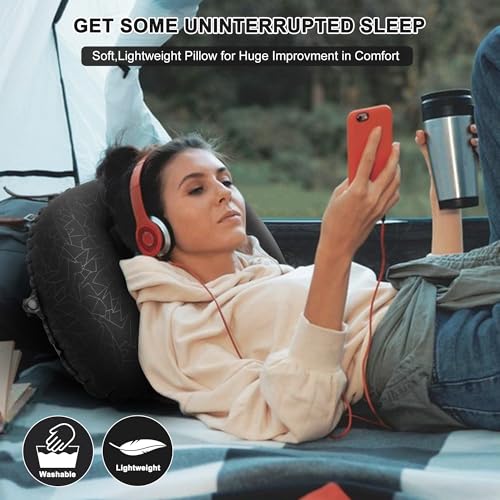 Inflatable Camping Pillow, Travel Blow Up Air Pillow, Neck Lumbar Support Ultralight Compact Pillow for Outdoor Hiking Backpacking Car Beach Airplane Sleeping Essentials, Black - color: Black