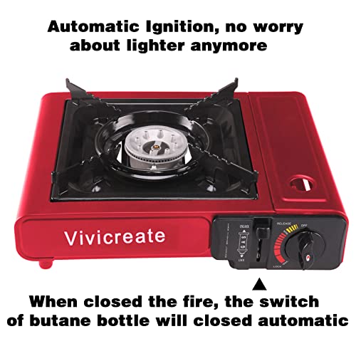 Vivicreate Portable Butane Stove 8500 BTU, Butane Stove with Auto Ignition for Camping, Lightweight Portable Gas Stove Burner with Safety Lock, Butane Burner, Estufa de Gas Portatil(Red) - color: Red