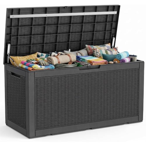PatioZen 150 Gallon Resin Deck Box, Lockable Patio Outdoor Storage Box for Furniture, Garden Tools and Tools Storage, Waterproof Outside Storage Boxes - Black - color: Black, size: 150 Gallon