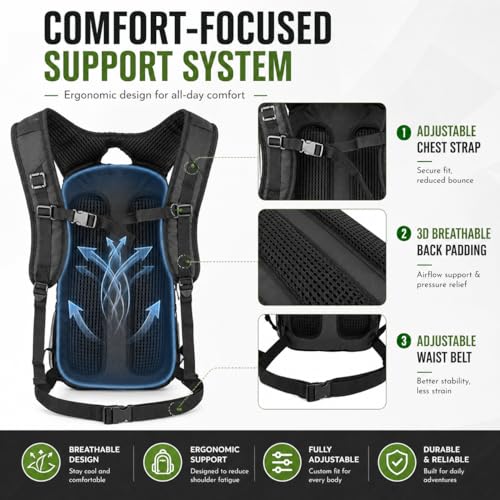 Zavothy 20L Multipurpose Hiking Backpack with 3L Water Bladder – Durable Hydration Backpack with Insulated Bladder Compartment, Hidden Helmet Holder & Rain Cover – for Hiking, Commuting, and Camping - color: Black