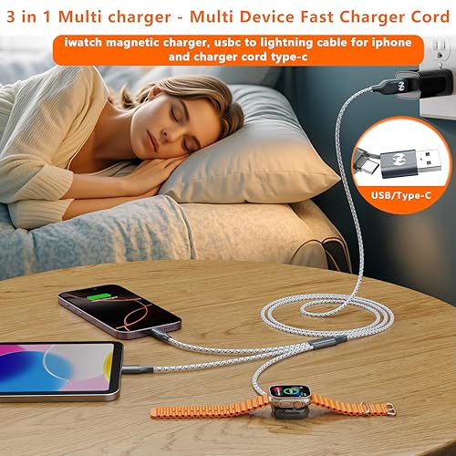 3 in 1 Multi Charging Cable for Apple Watch Charger Fast Charging Cable 4FT | Travel Charging Cords for Multiple Devices with iwatch USB-C Lightining Braided for iWatch Ultra/SE/11-2 iPhone17-5 Kindle - color: GreyWhite-4ft