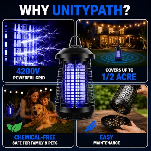 Bug Zapper Outdoor,4200v Mosquito Zapper Killer,Covers 1/2 Acre | Electric Bug zapper Helps Eliminate Mosquitoes and Flying Insects Outdoors. Ideal for Patio Backyard Garage. Easy-clean Tray