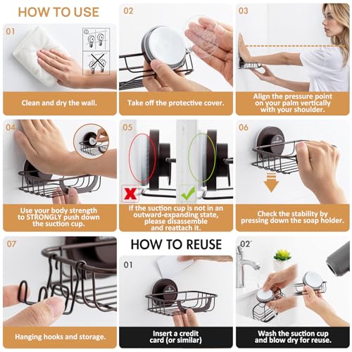 Soap Holder Dish with Hooks for Shower, Bar Suction Cup Soap Tray Wall Mounted, Rustproof Stainless Steel Sponge Holder Caddy for Bathroom Bathtub Kitchen Sink, Brown (Pack of 2) - color: Brown, size: 1 Tire (Pack of 2)