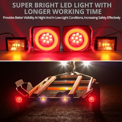 Justech Submersible Square LED Trailer Light Kit, 12V Red White | IP68 Waterproof, DOT Compliant, Stop, Turn, Tail, Brake and Running Light for Boat Trailers, Trucks, RVs and Campers
