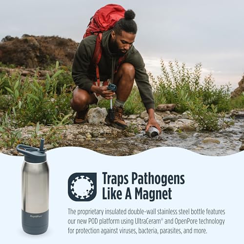 RapidPure Purifier & Insulated Stainless Steel Bottle | Double-Wall Stainless Steel Bottle Keeps Water Cold with UltraCeram Filtration That Removes Viruses, Bacteria & Parasites