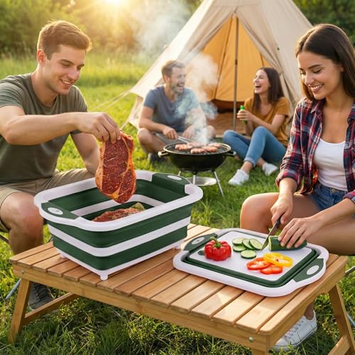 Collapsible BBQ Prep Tub with Lid, Foldable Camping Sink with Colander, Cutting Board, Dish Basin for Kitchen, Bowl, Vegetable and Fruit, Storage Basket for Picnic-Green - color: Green