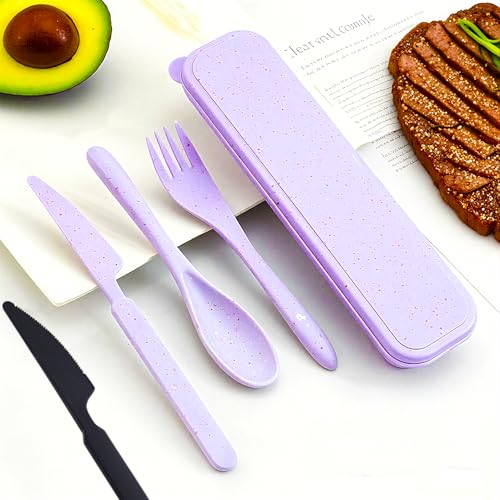 Portable Reusable Travel Utensils with Case(Black,Black, Purple,Purple) - color: Black,Black, Purple,Purple