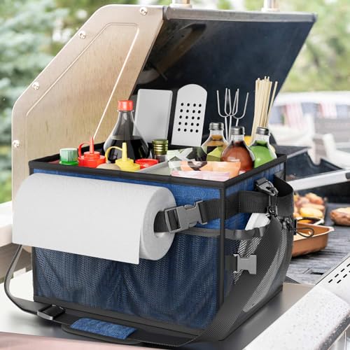 FANGSUN Grill Caddy, Foldable BBQ Caddy with Paper Towel Holder, Blue | 11 Compartments, Easy-Clean Aluminum Interior, 1680D Oxford Fabric, Water-Resistant, Shoulder Strap Included, Tailgating - style: Navy