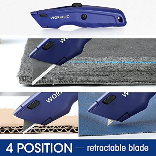 WORKPRO Premium Utility Knife, Retractable All Metal Heavy Duty Box Cutter, Quick Change Blade Razor Knife, with 10 Extra Blades - color: Blue