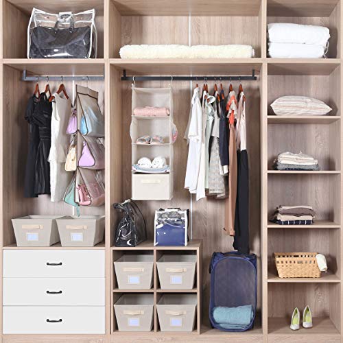MAX Houser 4-Shelf Hanging Closet Organizer, Space Saver, Cloth Hanging Shelves with 2 Side Pockets, Foldable (Beige) | Foldable Fabric Hanging Shelves for Closet, Cloth Hanging Shelves with 2 sturdy hanging hooks, Small Space Saver - color: Beige-2