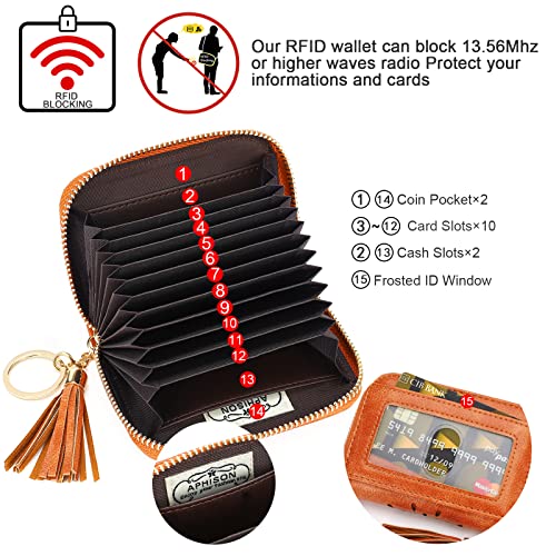 APHISON RFID Credit Card Holder Zipper Card Case Keychain Small Wallet for Women 1927 BROWN - color: 0-4BROWN（single zip）
