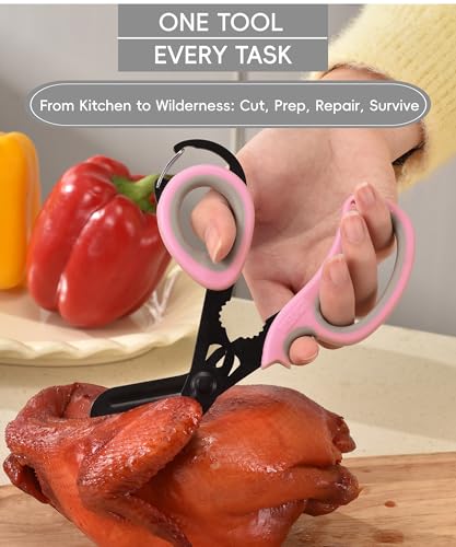 MEUUT All Purpose Scissors 2 Packs with Carabiner for Kitchen Outdoor | 7.5-inch heavy duty all purpose, Ambidextrous, micro-serrated stainless steel blades, integrated O2 wrench, soft rubber grip - color: Pastel Pink+pastel Pink
