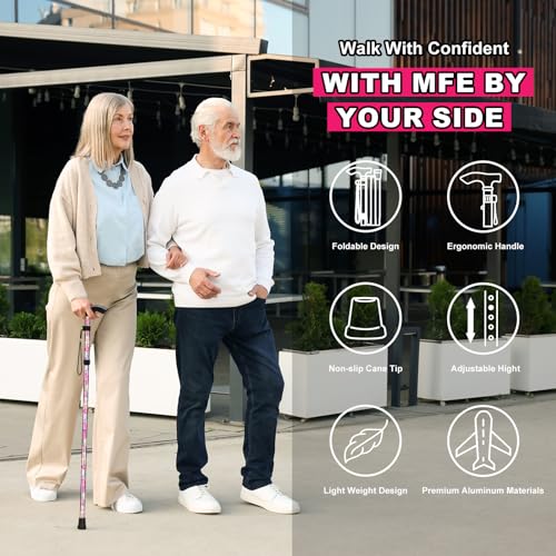 MFE Folding Cane, Portable 5-Level Adjustable Height Walking Stick with Foldable Design, Wrist Strap, and T Handle for Men and Women - color: Pink Floral