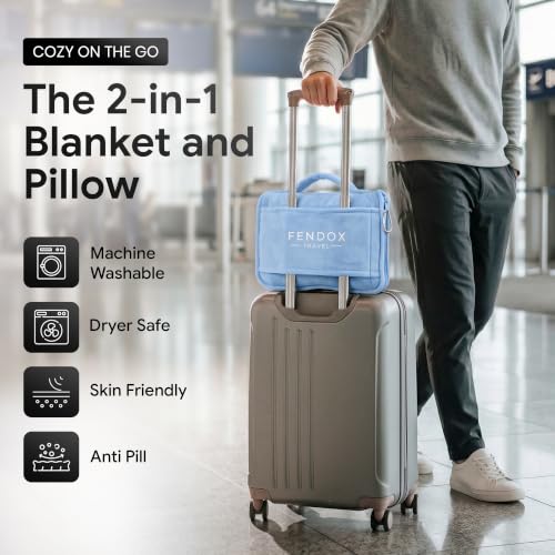 2-in-1 Travel Blanket and Pillow – Lightweight, Compact, Ultra Soft, Machine Washable – Handle, Luggage Sleeve, Backpack Clip – for Travel Airplane, Car, Office (Light blue) - color: Light Blue