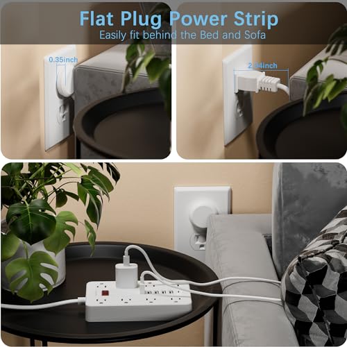 Flat Extension Cord, HUNIAN 10Ft Flat Plug Power Strip, White | 8 Widely Spaced Outlets 6 USB (1 USB C Port), Wall Mount Charging Station for Home and Office - color: White, size: 10FT