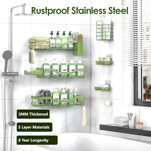 NESOMI Shower Caddy Adhesive Shower Organizer 8-Pack, Rustproof Stainless Steel Bathroom Shelves, Large Capacity No-Drill Rack Storage Accessories with Soap Dish Toothbrush Holder Hooks - color: Green, size: 8-Piece Set