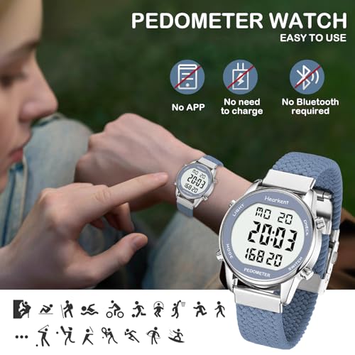 Hearkent Pedometer Watch,Step,Mileage&Calorie Tracker,Large Numbers - color: Blue
