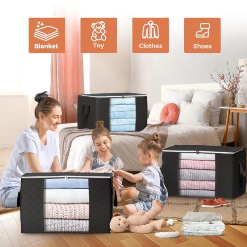 90L Large Storage Bags, 4 Pack Clothes Storage Bins Closet Organizers - color: Black, size: 4 Pack-90L